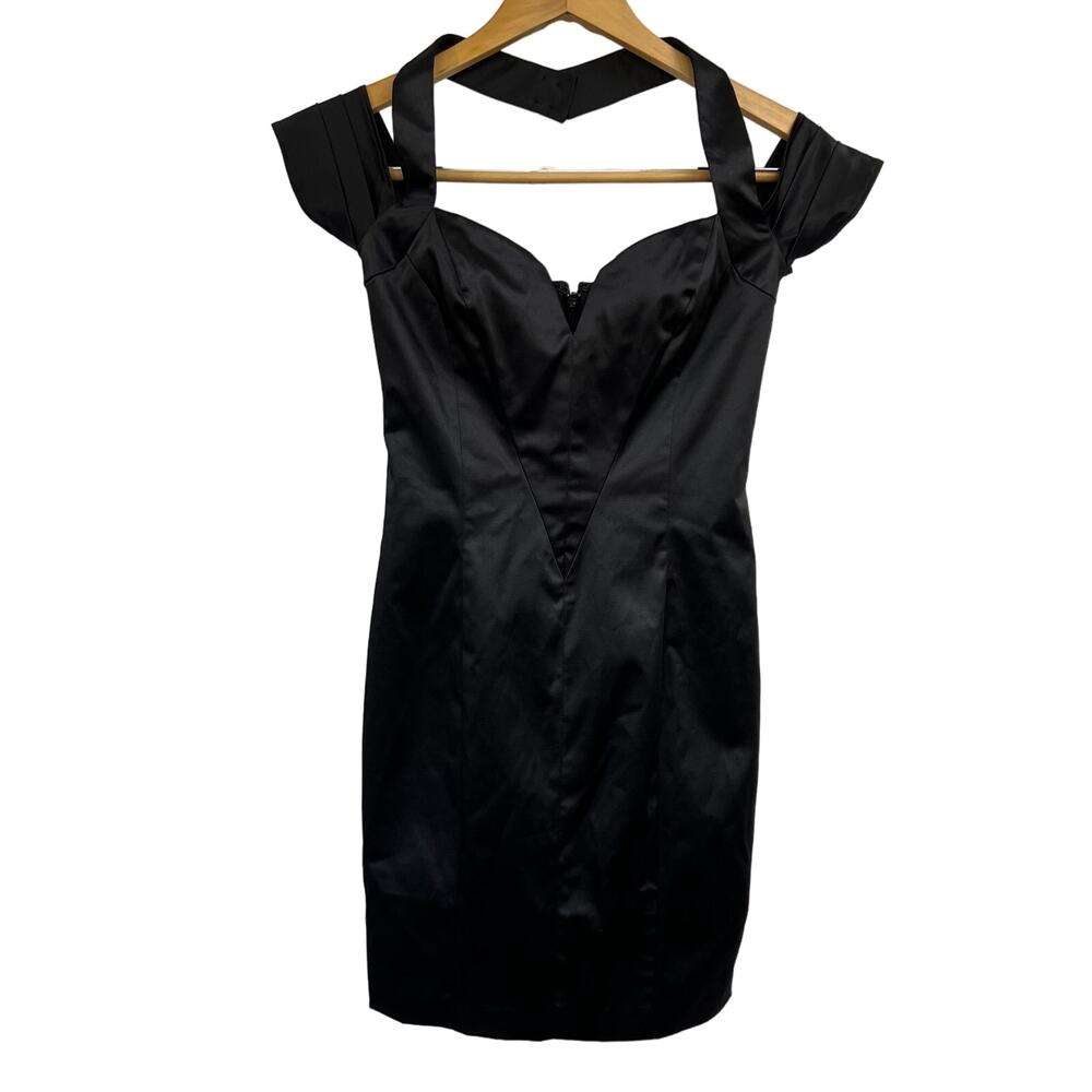 Bebe Black LBD Satin Cocktail Dress with Sweetheart V Neckline Size XS